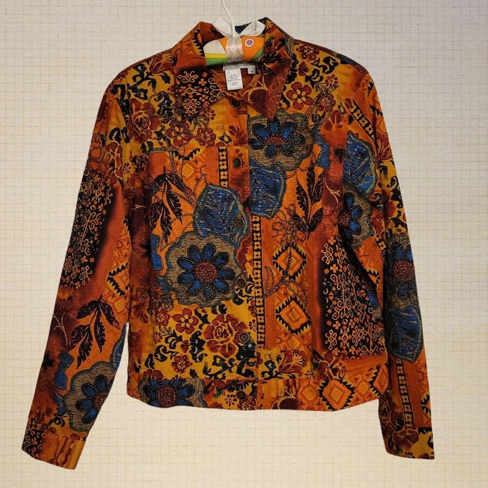Vintage Coldwater Creek Artsy Floral Print 100% Cotton Beaded Jacket Womens M